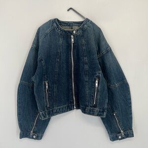 EB Denim Logan Denim Racer Moto Vintage Inspired Wide Tapered Sleeve Zip Jacket